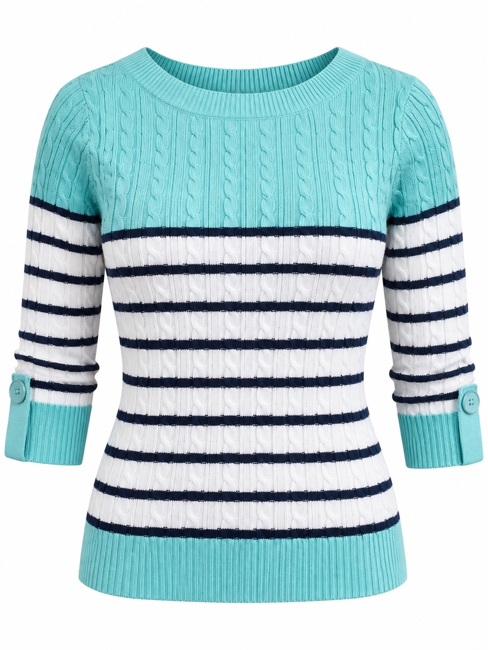 Karen Scott Petites Size L Aqua White Navy Striped Cable Knit Cotton Sweater